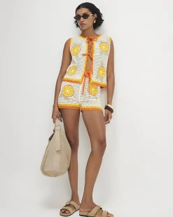 White Cotton Blend Crochet Knit Tie Front Top