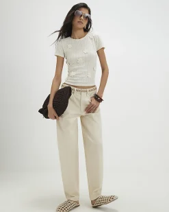 White Cotton Blend 3D Flower Trim Top