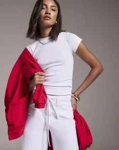 White Cotton Blend Fitted Ribbed Top