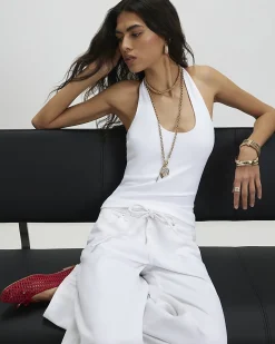 White Cotton Blend Halter Neck Tank Top