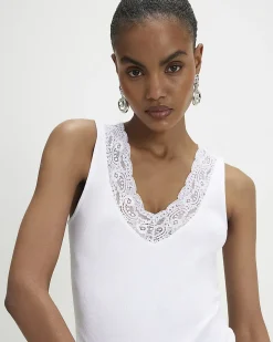 White Cotton Blend Lace Trim Tank Top