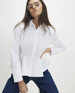 White Cotton blend Long Sleeve Peplum Shirt