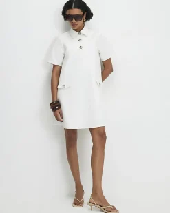 White Cotton Blend Mini Shirt Dress