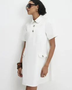 White Cotton Blend Mini Shirt Dress