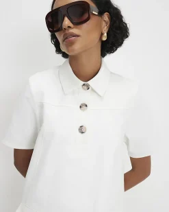 White Cotton Blend Mini Shirt Dress