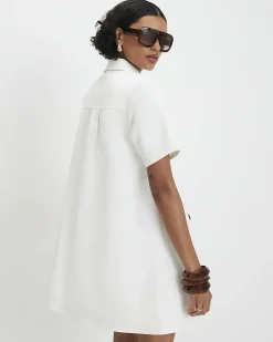 White Cotton Blend Mini Shirt Dress