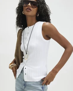 White Cotton Blend Popper Tank Top