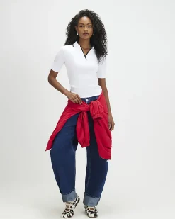 White Cotton Blend Ribbed Polo Top