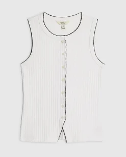 White Cotton Blend Scallop Trim Ribbed Top