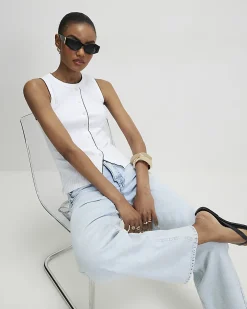 White Cotton Blend Scallop Trim Ribbed Top