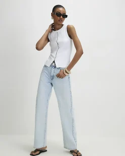 White Cotton Blend Scallop Trim Ribbed Top