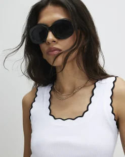 White Cotton Blend Scallop Trim Tank Top