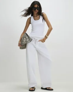 White Cotton Blend Scallop Trim Tank Top