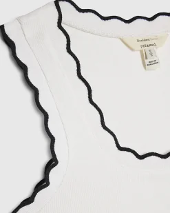 White Cotton Blend Scallop Trim Tank Top