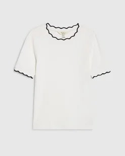 White Cotton Blend Scallop Trim T-Shirt