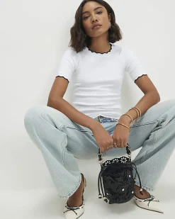 White Cotton Blend Scallop Trim T-Shirt