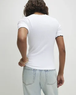 White Cotton Blend Scallop Trim T-Shirt