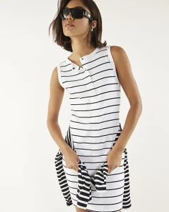 White Cotton Blend Striped Popper Mini Dress