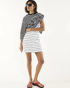 White Cotton Blend Striped Popper Mini Dress