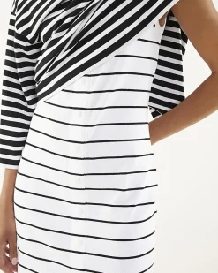 White Cotton Blend Striped Popper Mini Dress