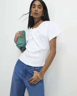 White Cotton Blend Twist Front Top
