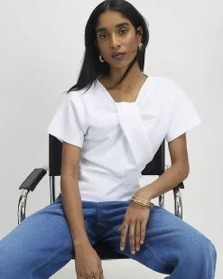 White Cotton Blend Twist Front Top