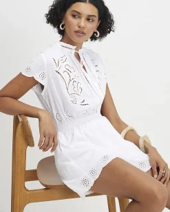 White Cotton Broderie Cutwork Playsuit