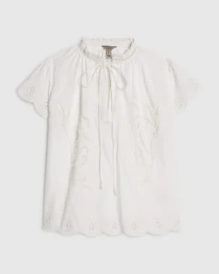 White Cotton Broderie Tie Neck Blouse