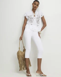 White Cotton Broderie Tie Neck Blouse