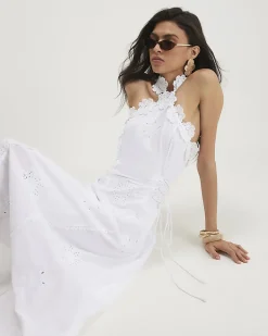 White Cotton Crochet Motif Midi Dress