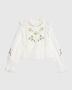 White Cotton Daisy Embroidered Frill Blouse