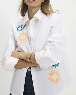 White Cotton Embroidered Graphic Shirt