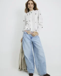 White Cotton Floral Embroidered Shirt