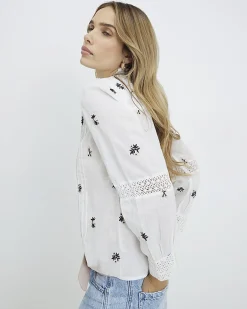 White Cotton Floral Embroidered Shirt