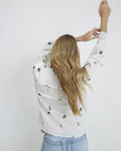 White Cotton Floral Embroidered Shirt