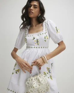 White Cotton Floral Embroidered Mini Dress
