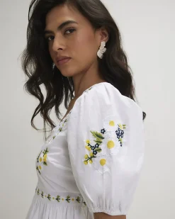 White Cotton Floral Embroidered Mini Dress