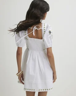 White Cotton Floral Embroidered Mini Dress