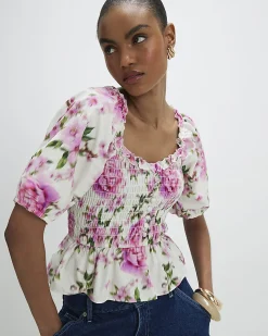 White Cotton Floral Puff Sleeve Shirred Top