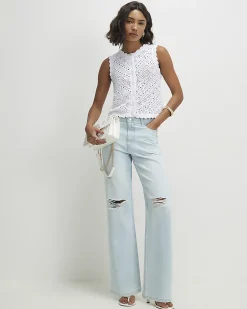 White Cotton Knit Scallop Trim Top