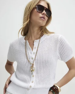 White Cotton Knitted Button Through T-Shirt