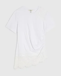 White Cotton Lace Asymmetric Ruched Top