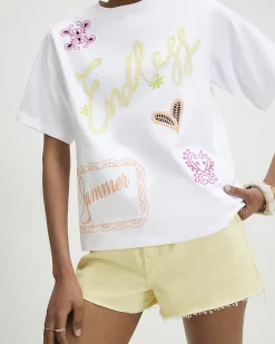 White Cotton Oversized Endless Beaded T-Shirt
