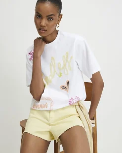 White Cotton Oversized Endless Beaded T-Shirt