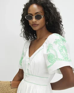 White Cotton Palm Embroidered Maxi Dress