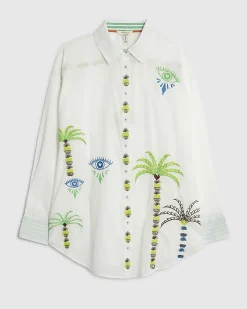 White Cotton Palm Tree Embroidered Shirt