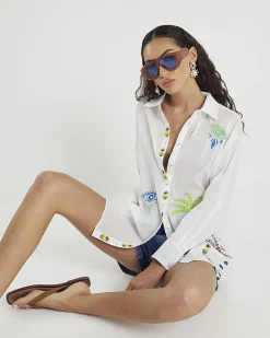 White Cotton Palm Tree Embroidered Shirt
