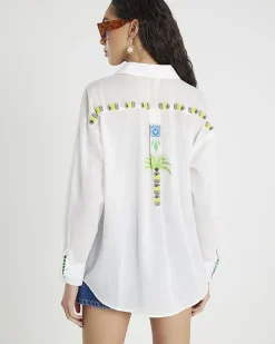 White Cotton Palm Tree Embroidered Shirt