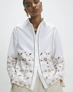 White Cotton Poplin Broderie Hem Shirt