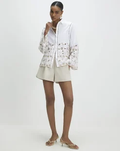 White Cotton Poplin Broderie Hem Shirt